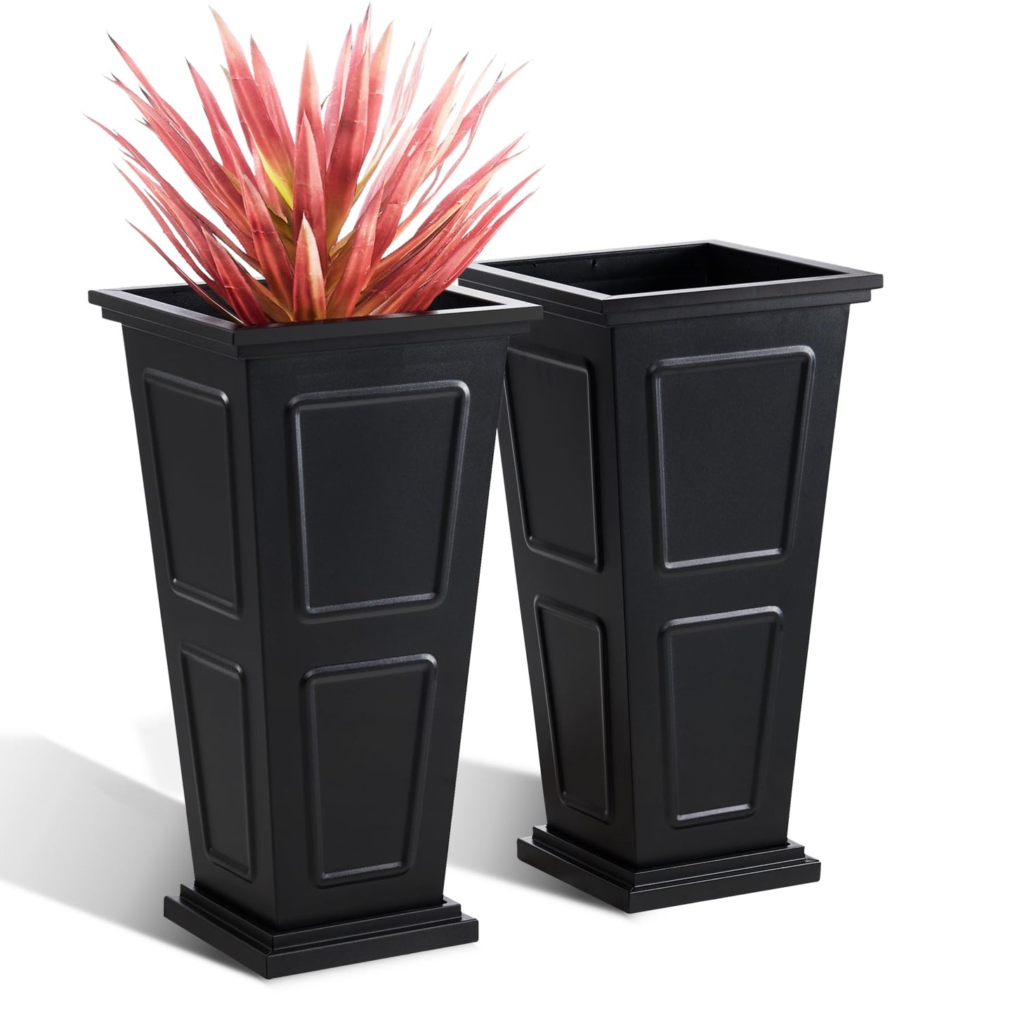 26" Tall Metallic Planter Set of 2, Black Taper Planters with Removable Partition Drainage Holes, Large Outdoor Planter for Front Porch, Garden, Patio, Balcony, Classic Estate Design, All-Weather Use