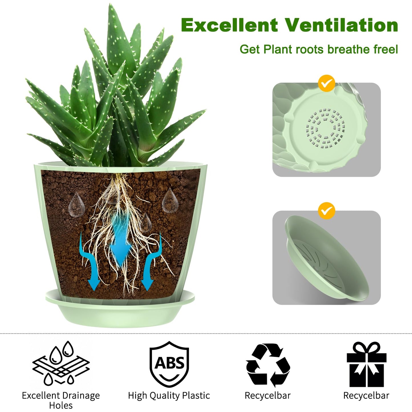 GDJUQZ 6 Pack 7 Inch Indoor Plant Pots with Drainage Holes, Outdoor Plastic Decorative Flower Pots, Garden Planters with Tray Saucers for Orchids, Violets, Succulents, Herbs, and Other Plants