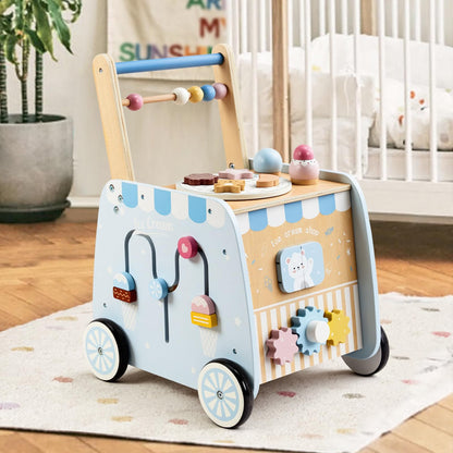 Frogprin Wooden Baby Walker, Multifunctional Ice Cream Cart, Push Walker with Wheels, Montessori Walker Toy with Activity Center, Pretend Playset Ideal for Toddlers, Boys and Girls Ages 12M+
