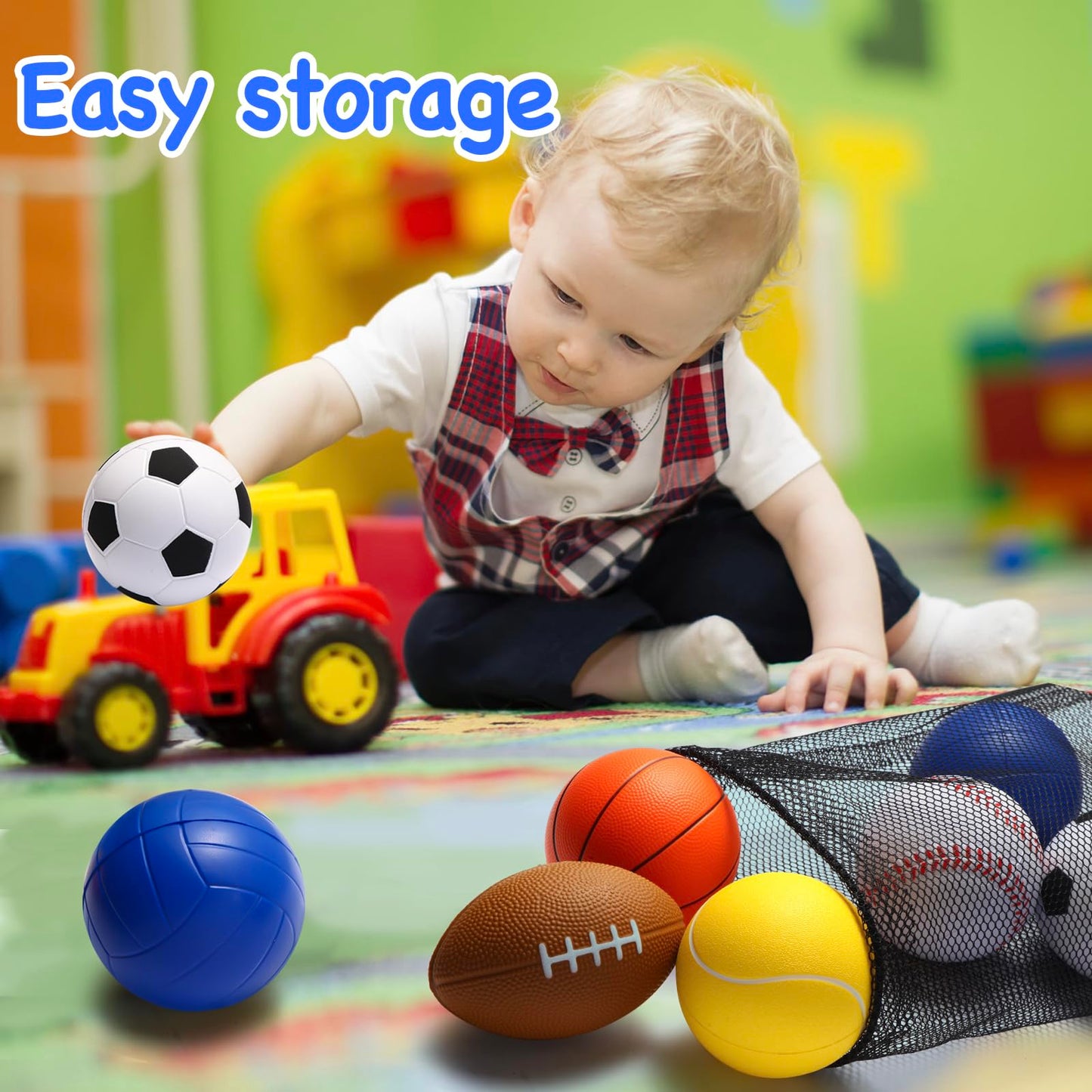 Urspasol Mini Sports Balls Set of 6 Foam Balls for Kids 3.5 inch Soft Ball for Toddlers 1-3 with Bag Includes Soccer, Basketball, Football, Baseball,Tennis and Volleyballs- Throwing Toys for Babies