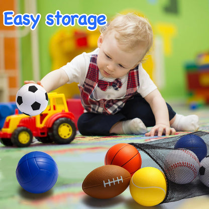 Urspasol Mini Sports Balls Set of 6 Foam Balls for Kids 3.5 inch Soft Ball for Toddlers 1-3 with Bag Includes Soccer, Basketball, Football, Baseball,Tennis and Volleyballs- Throwing Toys for Babies