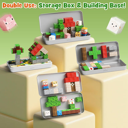 hunloot Mini Magnetic Blocks Farm Animals Travel Toys, 35PCS Portable STEM Magnetic Building Cubes with Metal Storage Box for Kids Ages 4-8, Road Trip & Airplane Essentials