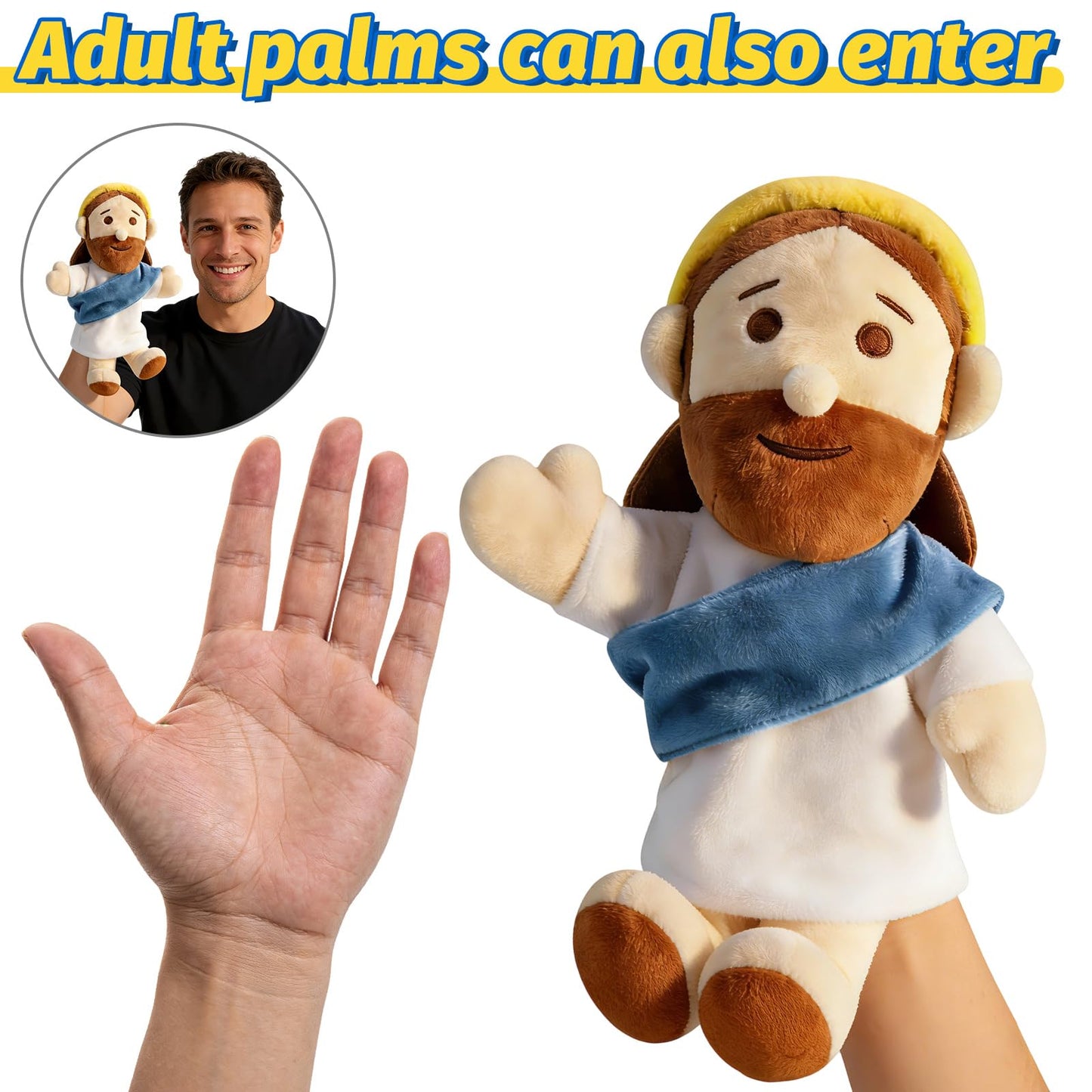 AKAIXI Jesus Hand Puppet Plush Jesus Doll 13" Blue Religious Bible Character Puppet Interactive Toy Fit Adult Hand Christian Easter Gifts for Baby Toddler Sunday School Kids First Communion Baptism