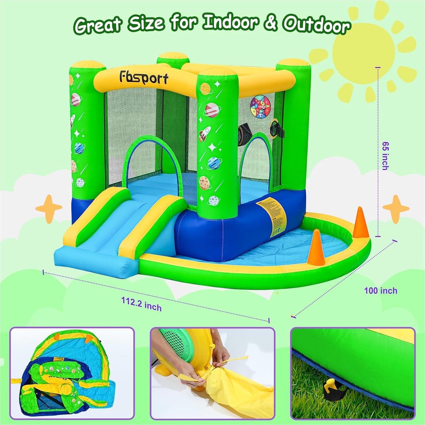 FBSPORT Inflatable Bounce House, Kids Bounce Castle Slide for Indoor Outdoor,Toddler Baby Jumper Bouncer, Kids Jumping Bouncy House with Blower, Ball Pit Pool, Basketball Hoop, Dart Game, Green
