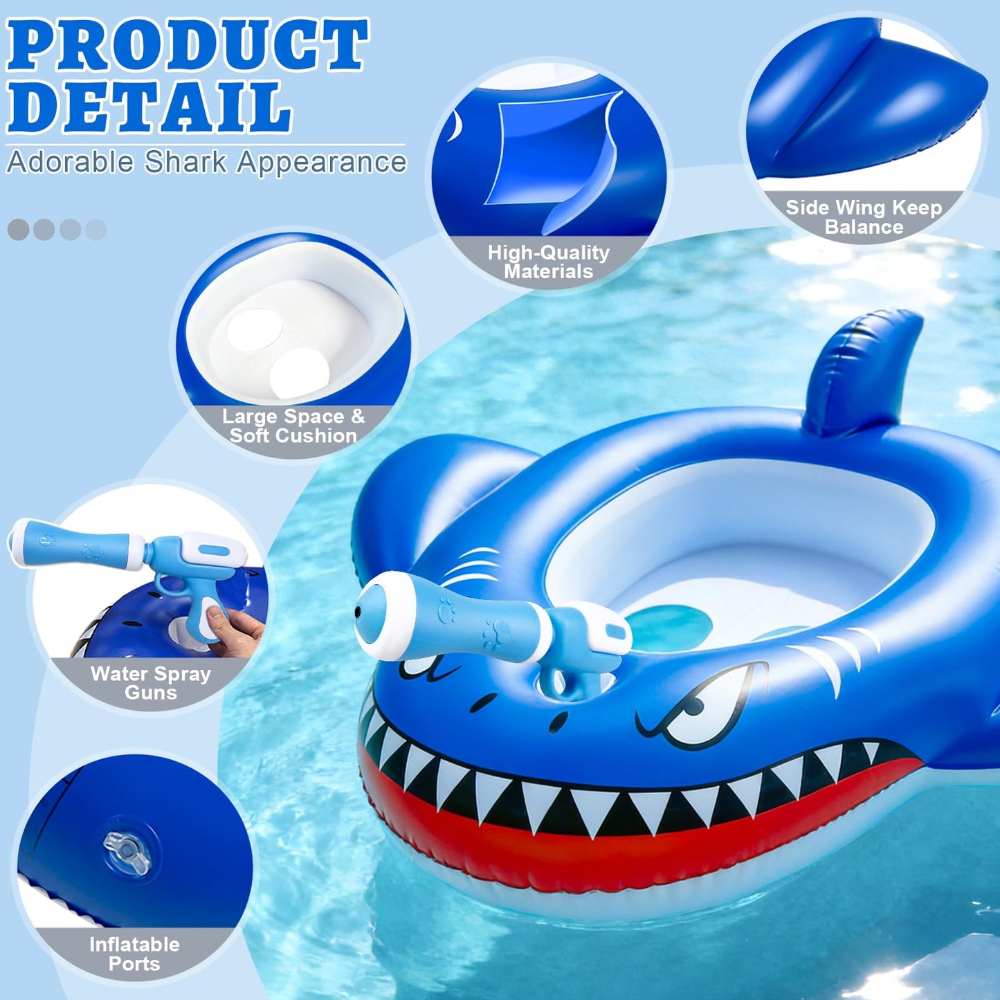 2 Pack Inflatable Shark Pool Floats Kids 3-11 Years, Kids Floaties Swimming Pool Toys with 2 Water Squirt Guns Boys Girls Party Float Ride-on Toddler Floatie with Safety Seat Summer Outdoor Water Game