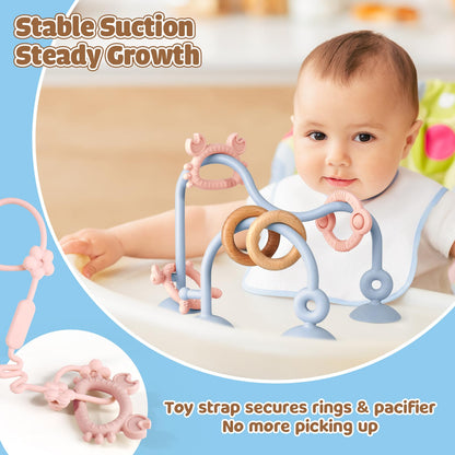 Baby Teething Relief Sensory Toys - Silicone Teether Tactile Developmental Toys for Babies, High Chair Suction Cup Toys, Montessori Activity Toy for Airplane Travel, Table, Highchair Tray
