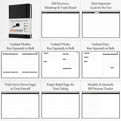 Daily Planner, Calendar & Life Organizer to Improve Time-Management, Productivity & Happiness | Vegan Leather Hardcover Notebook with Blank Dates, Undated 6 Months Hourly Planner for Men & Women, 24 Hour Agenda (Black)