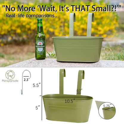 pansparade 5 Pack Metal Hanging Flower Pots for Railing Fence，Outdoor Balcony Rail Planter with Garden Tools Detachable Hooks Drainage Holes for Deck Garden Home Decor Green