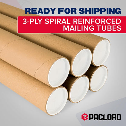 Paclord 3" x 36" Heavy-Duty Reinforced Cardboard Mailing Tube, Pack of 6 Tubes with 12 Caps – Secure USPS Approved – Great for Shipping and Storing of Prints, Artwork, Posters or Documents