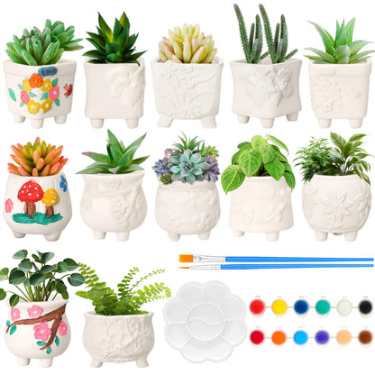 Hushee 12 Sets Ceramic Succulent Planters Paintable Succulent Plant Pots Small DIY Figurines Unpainted Pots with Drainage Hole Color Paints Paintbrushes Palettes(Flower)