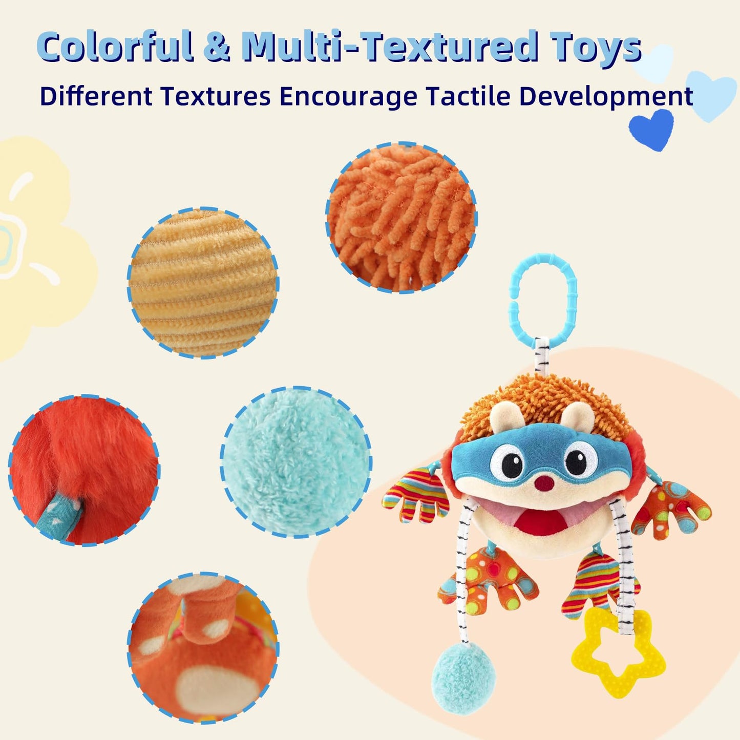 Baby Car Seat Toys Hanging- Sensory Ball Travel Toys for 6 7 8 9 10 11 12 Monthes with Rattle, Teether, Squeaky, Crinkle,Textures, Soft Montessori Plush Toys Newborn Gift Boys Girls Infant Roadtrip
