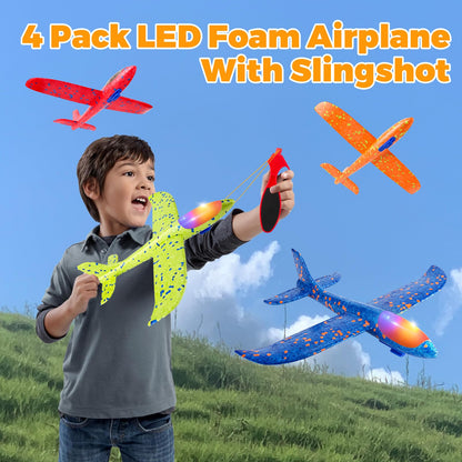 SpringFlower 4 Pack Airplane Flying Toys, 4 Throwing Foam Plane Toy for 3 4 5 6 7 8 Years Old Boys Kids, 2 Flight Modes LED Foam Glider Plane, Outdoor Flying Toy Birthday Gifts for for Boys & Girls