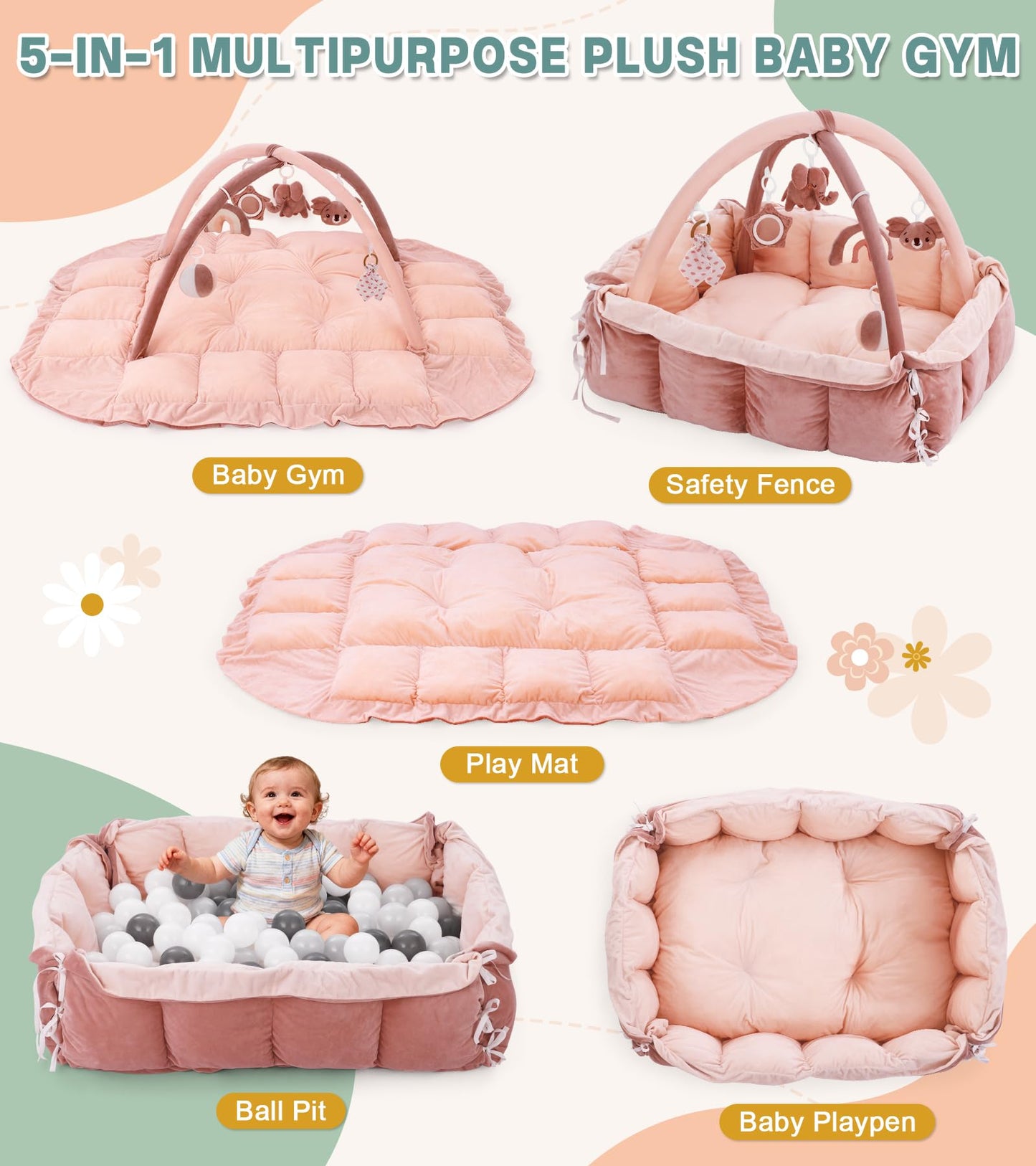 5-in-1 Baby Play Gym and Tummy Time Mat, 12 Learning Cards, Plush Activity Mat with 6 Toys, Baby Gym, Convertible to Ball Pit, Baby Gift, Pink
