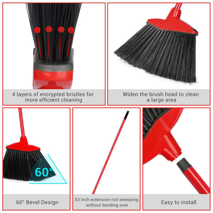 12 Pcs Heavy Duty Commercial Angle Broom 53 Inch Long Handle for Sweeping Indoor Outdoor - Garage, Courtyard, Patio, Lobby, Mall, Market, Shop, Sidewalk Floor (Red)