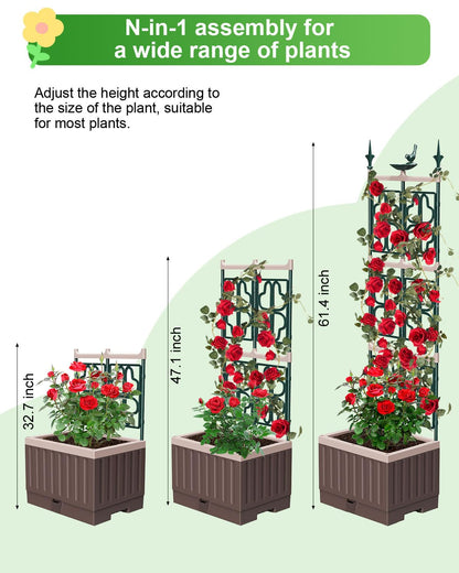MQHUAYU Raised Garden Bed Planter Boxes with Trellis,61.4" Self-Watering Trellis with Planter Box for Climbing Plants Flowers Vegetables,Use for Indoor Outdoor