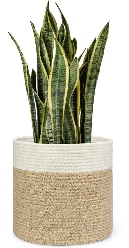 Dahey Jute Spliced Cotton Rope Plant Basket Modern Woven Storage Basket for 12" Floor Indoor Planter, Decorative Flower Pots Cover Laundry Bin with Handle Rustic Home Decor, White and Beige
