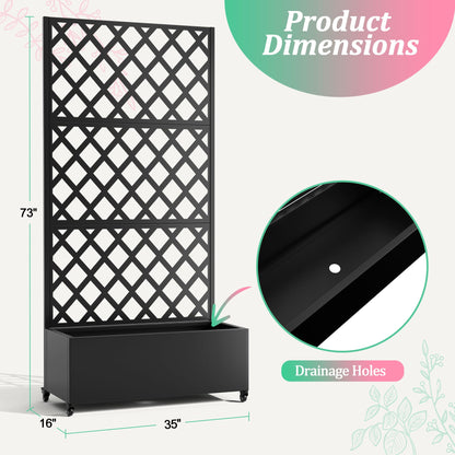 Metal Raised Garden Bed with Trellis for Climbing Plants, Vegetable, Vines,Metal Planter Box with Trellis 73"x35"x16",Trellis with Planter Box & Privacy Screen,Raised Garden Bed On Wheels(Black)