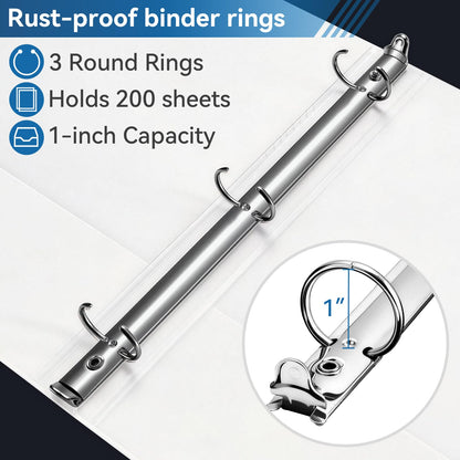 SUIN 1-inch 3 Ring Binder with 2 Interior Pockets, 1''Durable Binders Holds US Letter Size 8.5'' x 11'' Paper - Versatile Binders for Office, Home, and School Use, 6 Pack White
