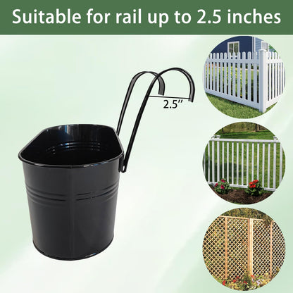 Joyfernal 8 Pack Metal Hanging Planter for Outdoor Plants, 10 Inch Black Fence Planters Railing Pots for Garden Patio Balcony Decor, Flower Bucket with Detachable Hooks (Black, 8Pcs)