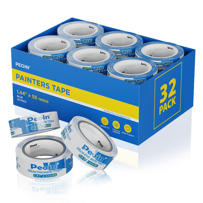 Peoin Blue Painters Tape 1.5 Inch Bulk, 32 Roll Painting Tape Blue Masking for Painting Wall DIY Edge, Paint 1.41 Inch 55 Yards X 32 Rolls 1760 Total Yards