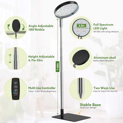 YUYMIKA Grow Lights for Indoor Plants Full Spectrum, 48 LEDs Plant Light for Indoor Plants with 2 Mounting Options, 3 Optional Spectrums, 3/9/12Hrs, 10 Brightness, 7"-26" Height Adjustable (Black)