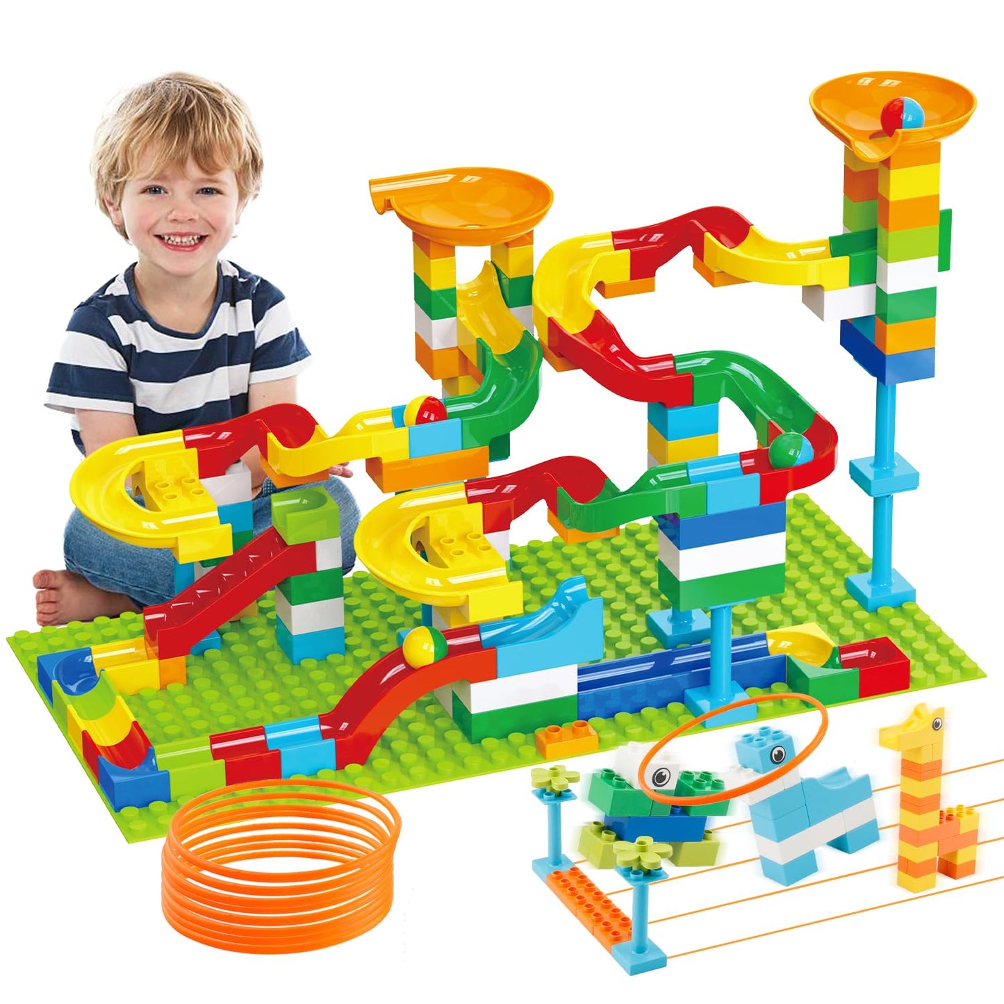 Anpcso Marble Run Building Blocks for Kids Age 3-8, 128 Pcs STEM Building Bricks Set with Toss Ring Game, Educational Learning Toys for Toddlers Boys Girls Gifts- Compatible with All Major Brands