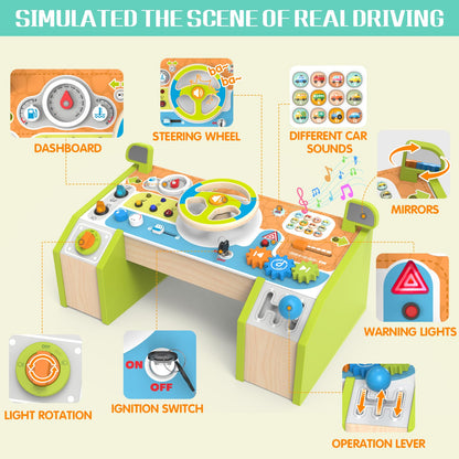 Yuyctwg Montessori Car Busy Board for Toddlers, Wooden Sensory Steering Wheel Activity Baby Toy with Lights, Buttons, Gears & Key Start, Kids Interactive Educational Toys for Boys Girls