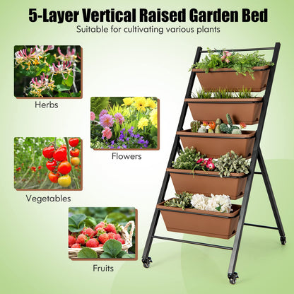 S AFSTAR 5-Tier Vertical Garden Planter, Raised Garden Bed with 2 Lockable Wheels, 6 Removable Planter Boxes, Metal Frame, Indoor Outdoor Elevated Planting Box for Flower Vegetables Fruit Herbs