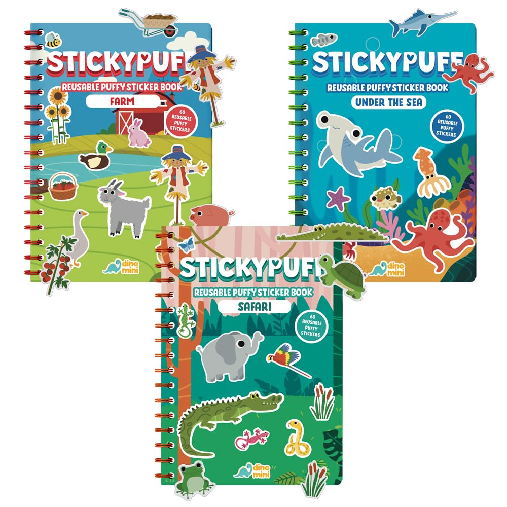DINO MINI Stickypuff Value Pack - 3 Reusable Puffy Sticker Book for Toddlers - Puffy Stickers for Toddlers - Travel Activities for Kids Ages 4-8 - Screen Free Birthday Gifts (Animals)