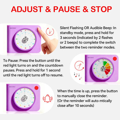 Secura Visual Timer for Kids – 60-Minute Classroom Countdown Timer with Color Disc, Time Management Tool for Kids, Teachers & Parents, Silent & Beep Modes, Magnetic Back & Stand (Purple)