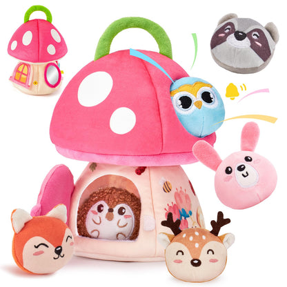 hahaland Baby Toys 6-12 Months - Montessori Toys for 6 Month Old Girl, My First Mushroom House with Stuffed Jungle Animals, Rattle, Crinkle Paper, Mirror, Sensory Toy Baby Girl Gifts