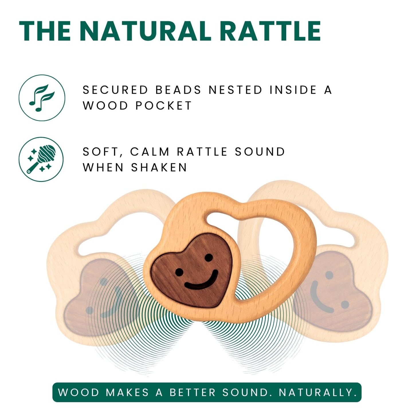 Wooden Baby Rattle & Teething Ring Heart | Natural Montessori Teething Toy Babies 0-3 3-6 6-12 Months | Non-Toxic Organic Hardwood Teether | Safe Sensory Toy Boys Girls | Baby Gift