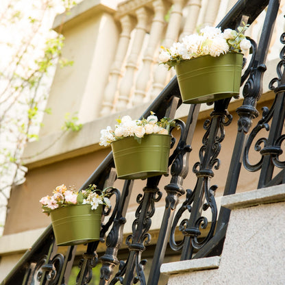 pansparade 5 Pack Metal Hanging Flower Pots for Railing Fence，Outdoor Balcony Rail Planter with Garden Tools Detachable Hooks Drainage Holes for Deck Garden Home Decor Green