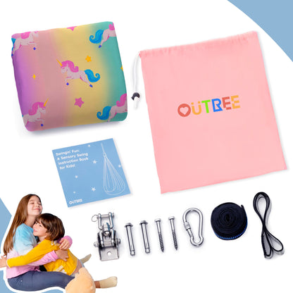 OUTREE Sensory Swing for Kids, Double Layer Therapy Hammock, Indoor Swing with 360° Swivel Hanger Kit and Adjustable Straps, Autism Sensory Product for Autism, ADHD (Unicorn Printed)