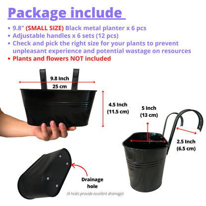 LaLaGreen Rail Planter Outdoor Plants (6 Pack, 9.8 Inch) Small and Cute Black Metal Iron Hanging Flower Pot Deck Railing Fence Buckets Countryside Style Window Box Plant Holder Hooks Porch Decor