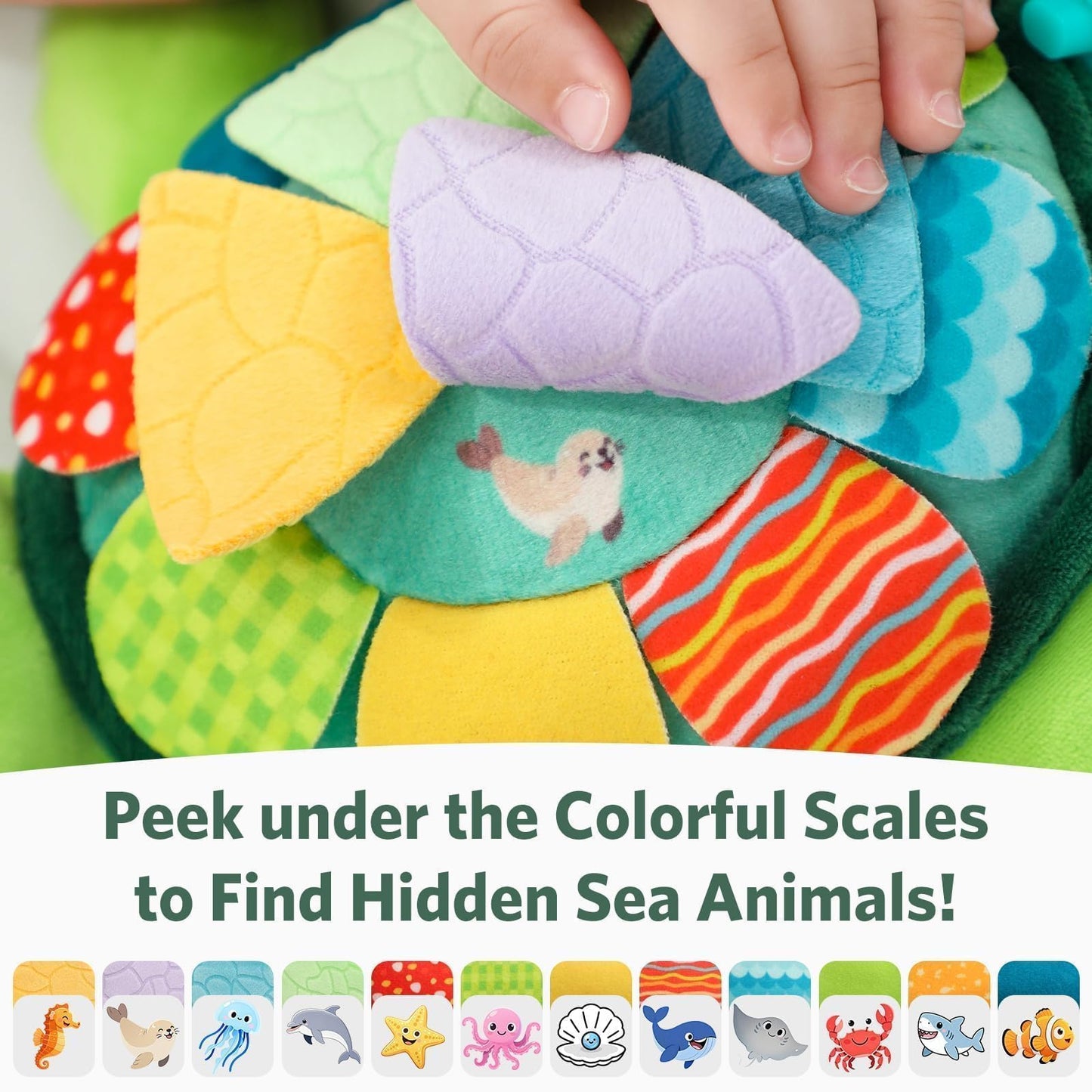Turtle Baby Sensory Toy, 6 in 1 Montessori Tummy Time Texture Toys, Flip Scales & Multi-Textured Belly & Rattle Squeaker Teethers, Early Educational Shower Gifts for Baby Boy Girl Birthday Gifts