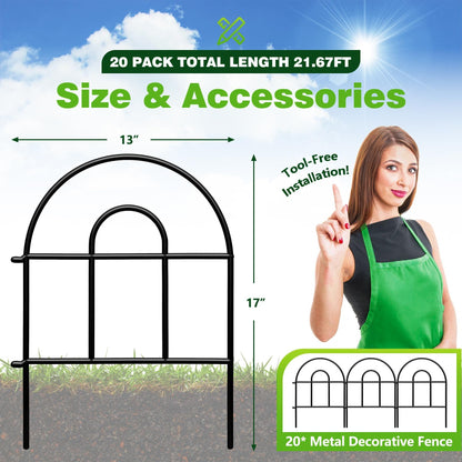 Decorative Garden Fence, 21.67ft(L) x 17in(H) Metal Fencing, 20 Pack, Black, Classic Style, Animal Barrier, Garden Border
