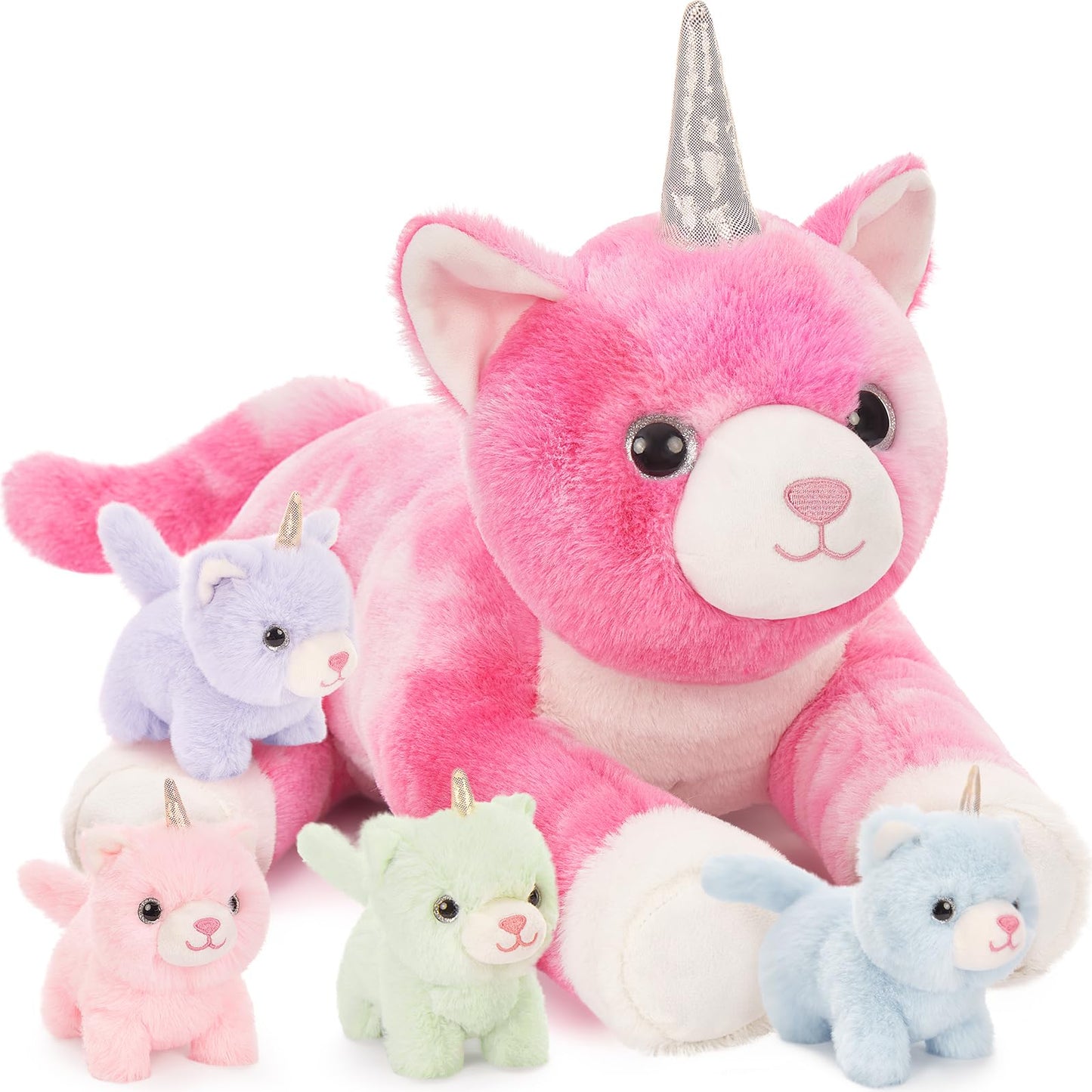 MorisMos Unicorn Cat Stuffed Animal With Kitten Babies, 24'' Caticorns, Rainbow Unicorn Cat Toys for Girl Boy Kids, Mommy Plush Cat With Baby Kitten Stuffed Animals, Kitty Cat Pillow