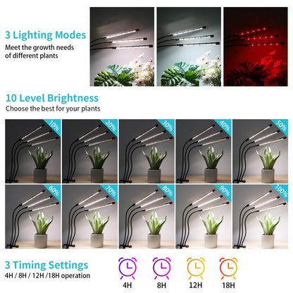 Black Grow Lights for Indoor Plants, 126LEDs Clip Plant Lights, Full Spectrum LED Plant Growing Lamps with Flexible Gooseneck, 4/8/12/18H Timer, 3 Spectral Modes, 10 Dimmable Levels, 3 Head 1 Pack
