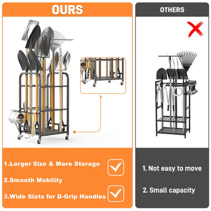 TORACK Garden Tool Organizer Stand with Wheels, Rakes Shovels Yard Tools Stand for Garage, Shed, Garden, Indoor/Outdoor Long-Handled Tools Cart