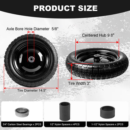 DGSL 1-Pack 4.80/4.00-8 Tire - 14.5" Flat-Free Tire Wheelbarrow Tire with 3" Centered Hub, 5/8" 3/4" Bearings, Heavy Duty Replacement Tires for Gardening & Yard Work