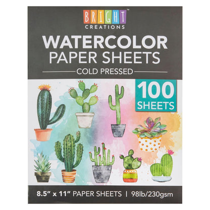 Bright Creations Printable Cold Pressed Watercolor Paper Bulk Pad - 100 Sheets, 8.5 x 11 in, 230 GSM, White - Painting Paper for Acrylics & Sketching