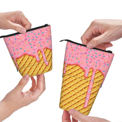 Tezmd Ice Cream Kids Standing Pencil Case Girls Boys Telescopic Stationary Pouch with Zipper Large Capacity Stand up Pen Bag Portable Makeup Holder for Children School Students Office Supplies