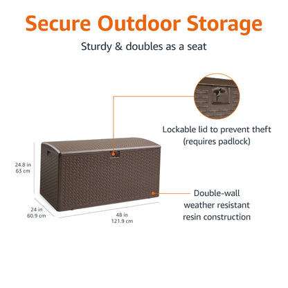 Amazon Basics Outdoor Storage Deck Box, Lockable, Weather-Resistant, 99 Gallon, Brown, for Patio Cushions, Gardening Tools, Pool Accessories
