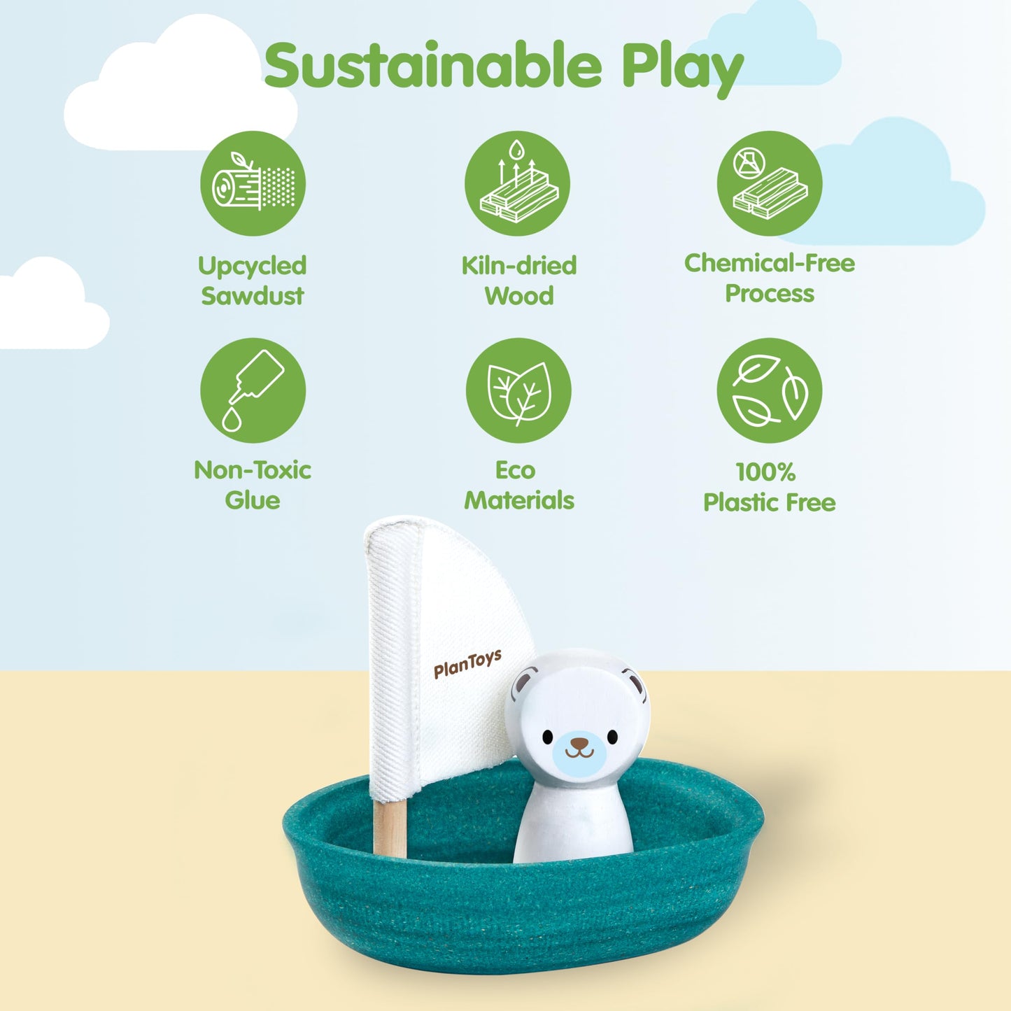 PlanToys® Polar Bear Sailing Boat Bath Toy for Toddlers | Montessori Wooden Water Toys for Kids | Eco-Friendly Floating Boat for Bathtub, Pool & Water Table