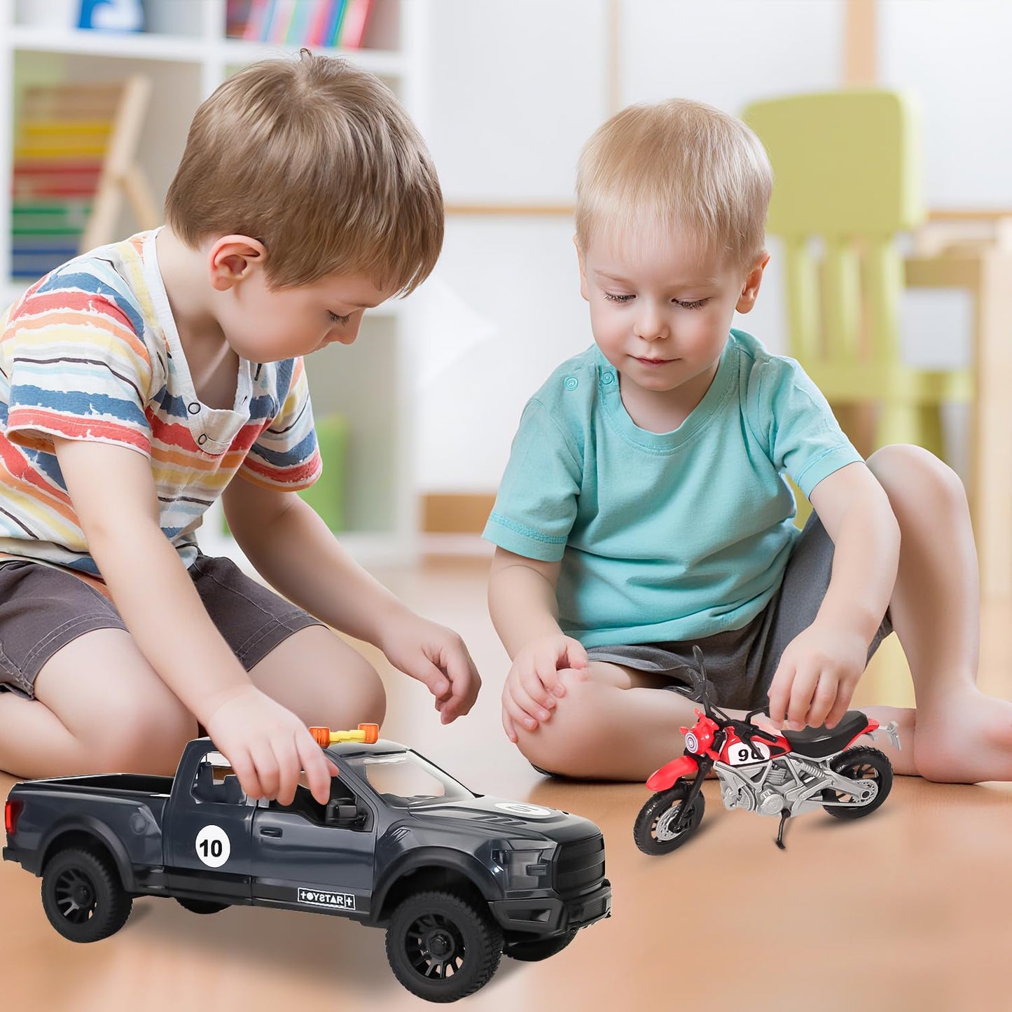 Pickup Truck Toy with Motorcycle, Featuring Lights and Sound Effects,Toy Car with Opening Doors, Toy Cars Gifts for 3+ Year Old Kids(Grey Pickup)