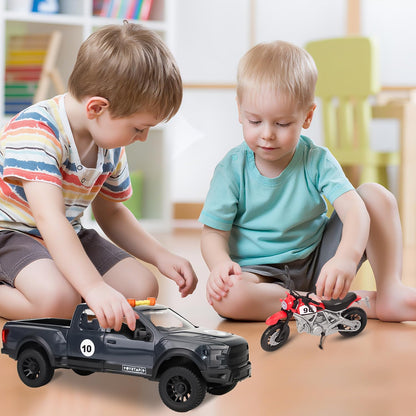 Pickup Truck Toy with Motorcycle, Featuring Lights and Sound Effects,Toy Car with Opening Doors, Toy Cars Gifts for 3+ Year Old Kids(Grey Pickup)