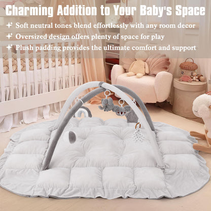 5-in-1 Plush Baby Play Gym, Baby Play Mats, Convertible Baby Gym, Tummy time mat, 6 Sensory Toys, Activity Center, Ball Pit, Grey