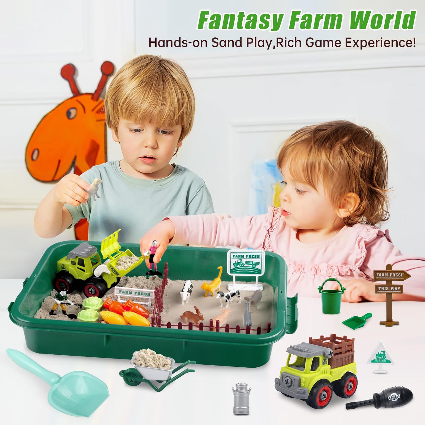 Aliex Farm Sensory Bin, Farm Sensory Kits Toy with 2.2lbs Play Sand, 31pcs Animals Trucks Creativity Magic Sand Box with Lid, Christmas Birthday Gift for Boys Kids Toddlers Ages 3 4 5 6 7 8