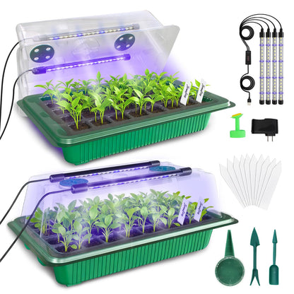MQUPIN 80-Cell Seed Starter Tray with Grow Light, 2-Pack Adjustable Brightness Seed Starter Kit with Humidity Dome,Smart Timer,Watering Sprayer,Seeder,Plant Germination Kit for Seeds Growing